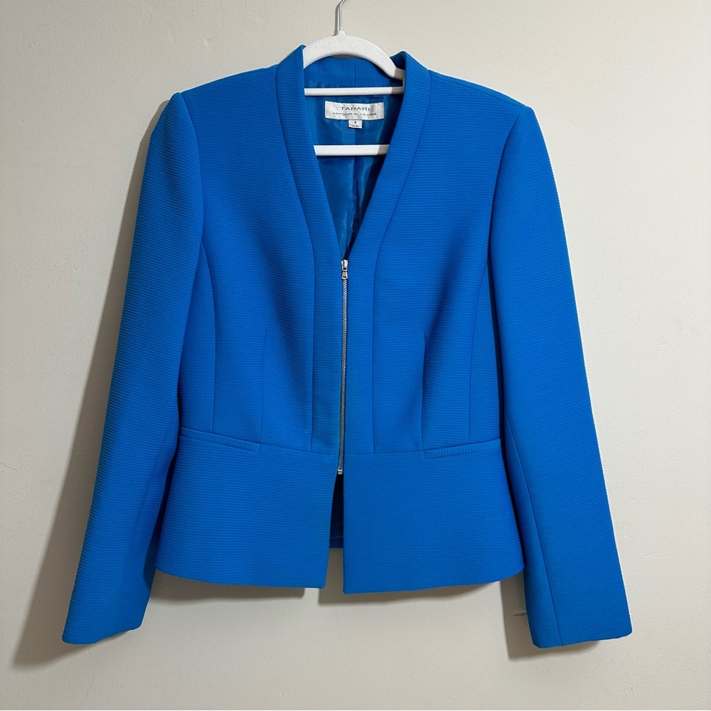Tahari Blue Zip Blazer sz 8